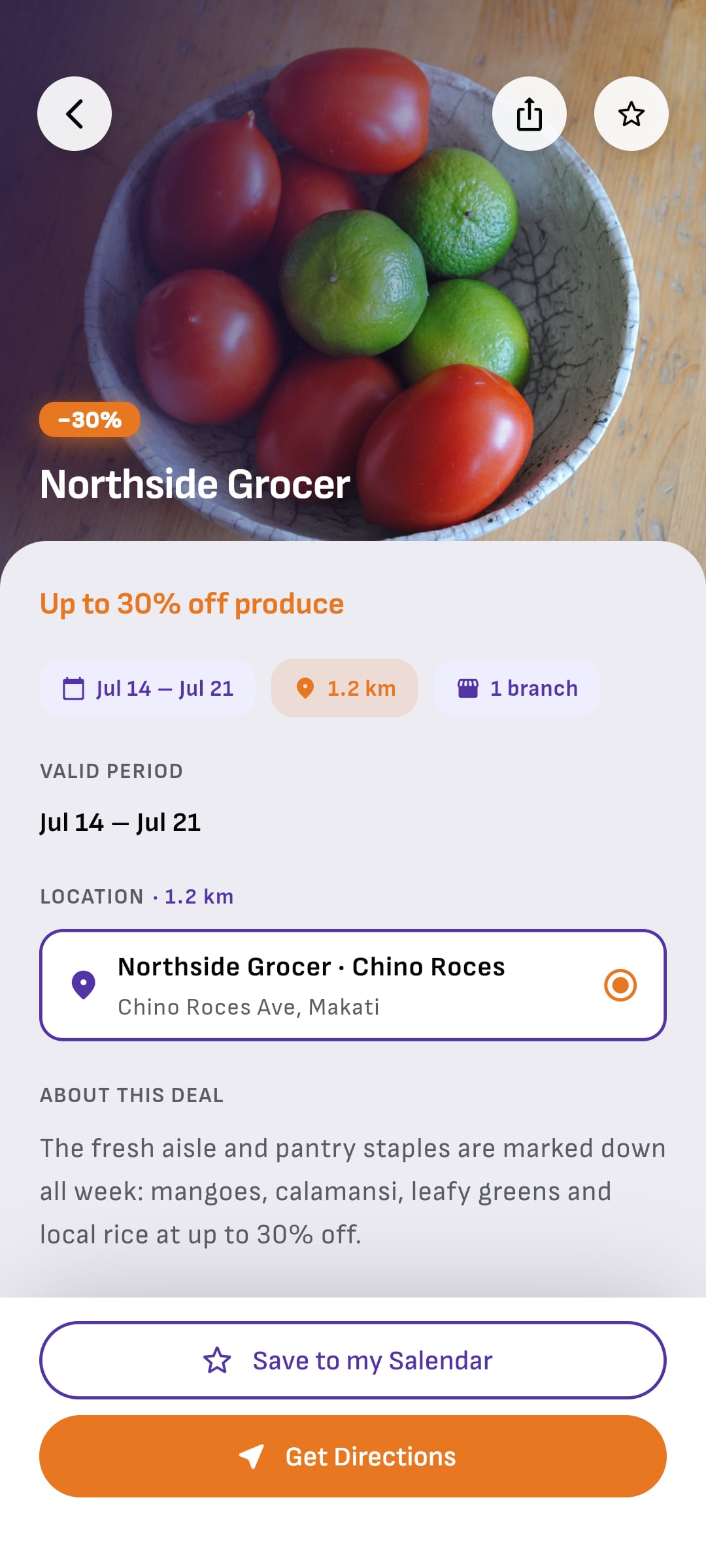 Northside Grocer's page in the Salendar app: Up to 30% off produce, Jul 14 to Jul 21, 1.2 km away