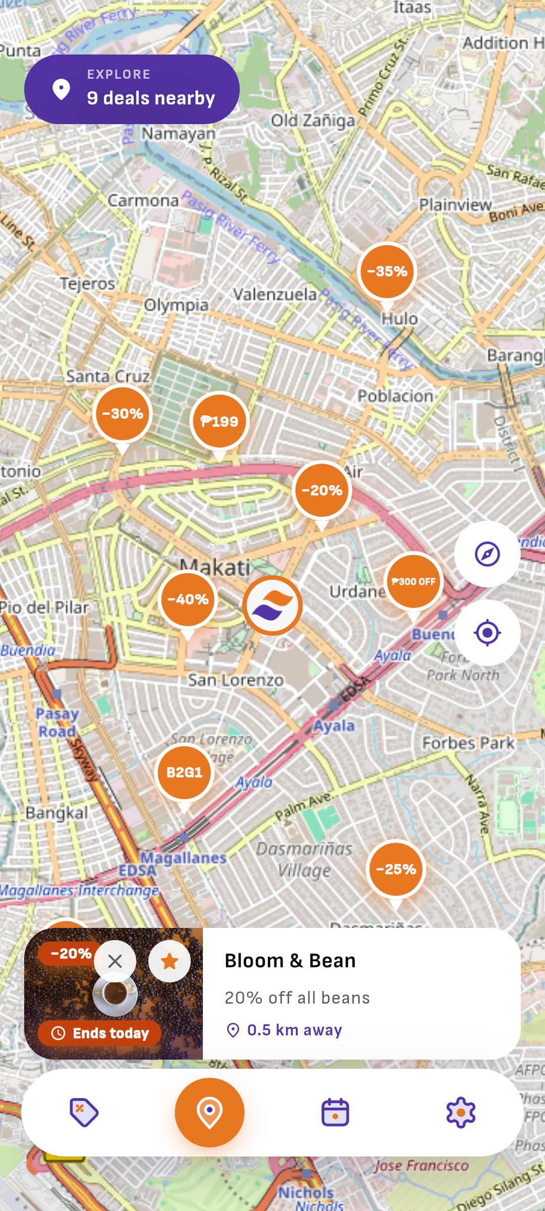The Salendar map around Makati with sale pins, Bloom & Bean's selected
